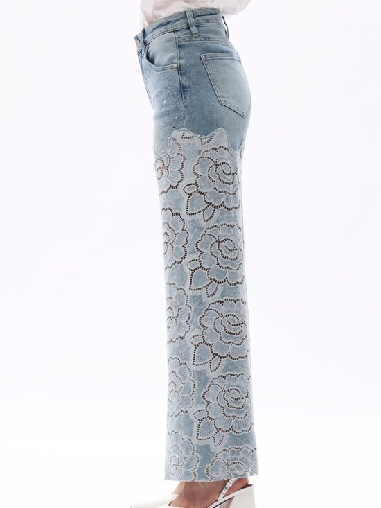 Velvet Cut Out Rhinestone High Rise Wide Leg Jeans - Picture 5 of 9